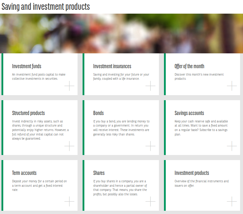 Landing page for investing at a bank